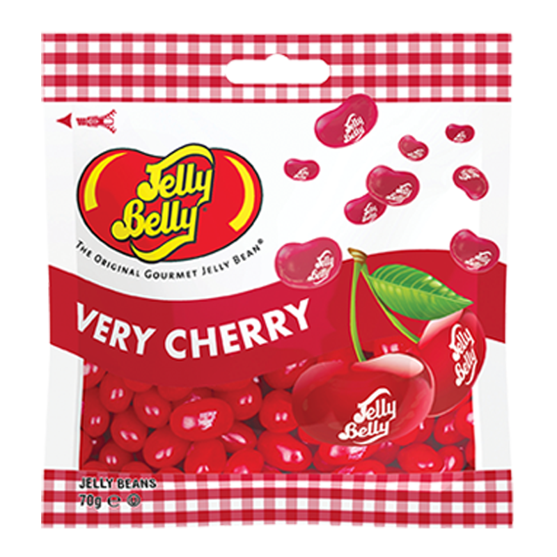 Front of Jelly Belly Very Cherry Jelly Beans pack showing the logo, very cherry flavour, and colourful jelly beans (70g pack)