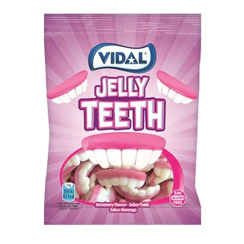 Front of Vidal Jelly Teeth bag showcasing pink packaging with jelly teeth graphic, strawberry flavour label, and 90g pack size.