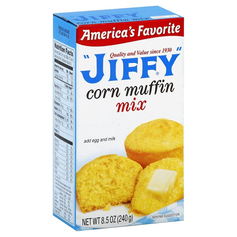 Front of Jiffy Corn Muffin Mix box showing the blue logo, product title, and images of corn muffins (240g pack)