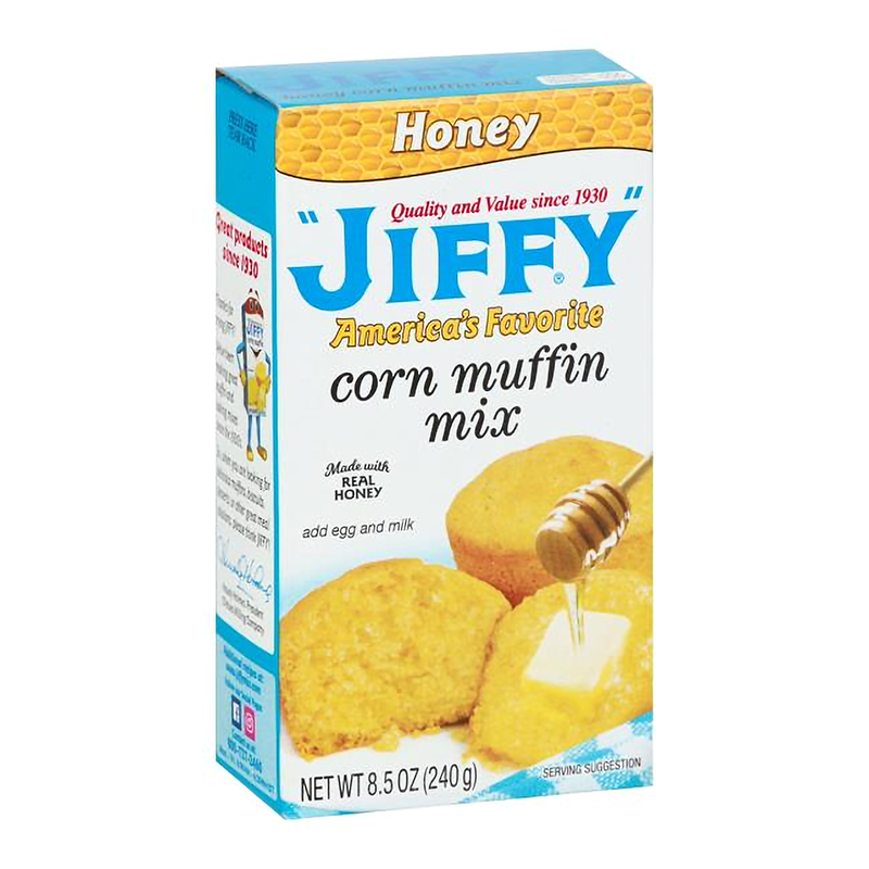 Front of Jiffy Honey Corn Muffin Mix box showing the logo, honey and corn illustration, and delicious muffins (240g pack)
