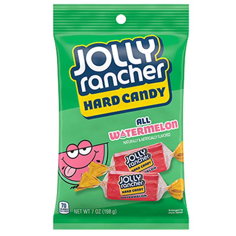 Front of Jolly Rancher All Watermelon Hard Candy bag showing the green packaging, logo, and watermelon-flavoured hard candies (198g pack)