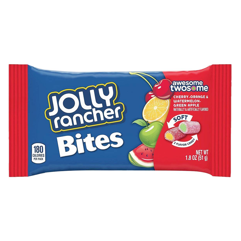 Front of Jolly Rancher Bites Awesome Twosome bag showing logo and images of cherry, orange, watermelon, and green apple with 51g pack size.