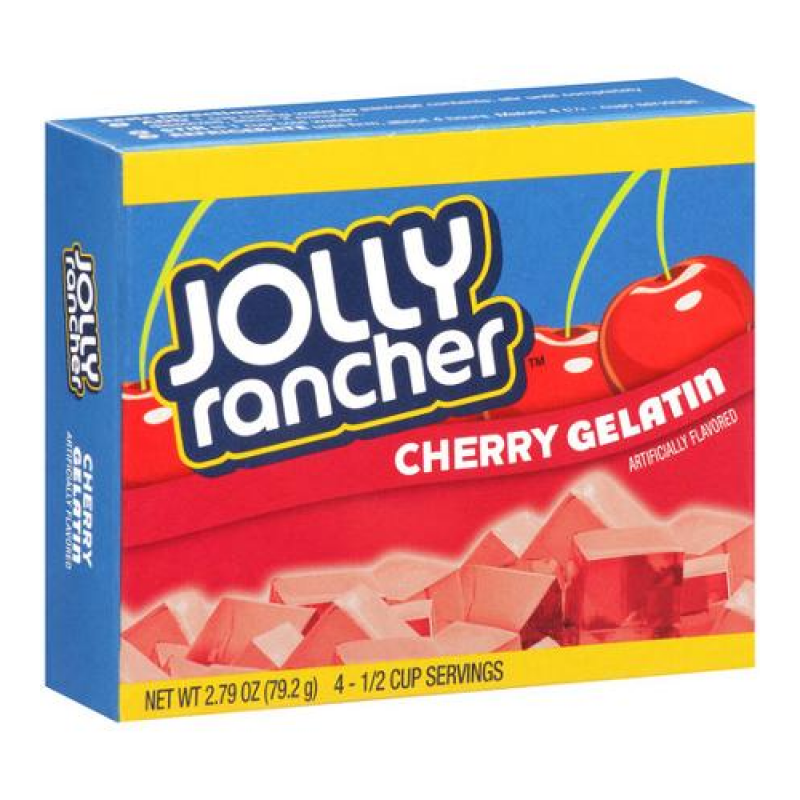 Front of Jolly Rancher Cherry Gelatin Mix box showing logo, cherry flavour label, and vibrant gelatin pieces (79g pack)