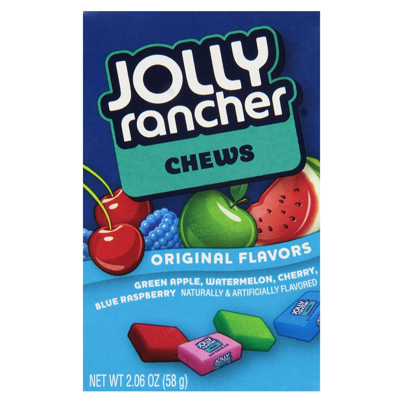 Front of Jolly Rancher Chews Original Fruit pack featuring bold logo, assorted fruit flavours, and 58g weight.