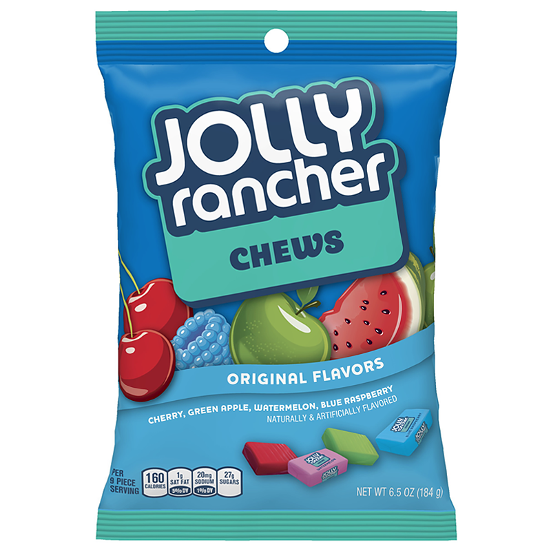 Front of Jolly Rancher Chews Original Flavours bag showing colourful fruit candies and the logo, with pack size of 184g