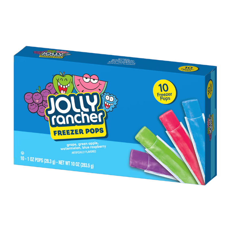 Front of Jolly Rancher Freezer Bars box showing colourful pops, logo, and flavour description (283.5g, 10 pack)