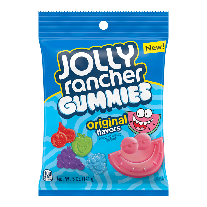 Front of Jolly Rancher Gummies bag showing bright blue packaging, original flavours label, and various colourful gummy candies (142g pack)