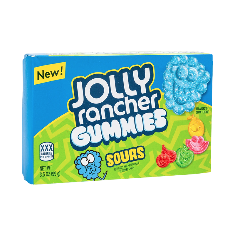 Front of Jolly Rancher Sour Gummies Theatre Box showing logo, colourful gummies, and 'Sours' label (99g pack)
