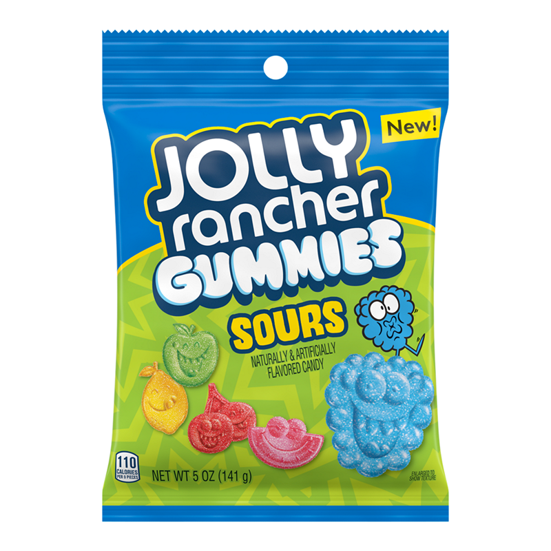 Front of Jolly Rancher Sour Gummies bag showing bright blue and green design, logo, and assorted sour gummy shapes (184g pack)