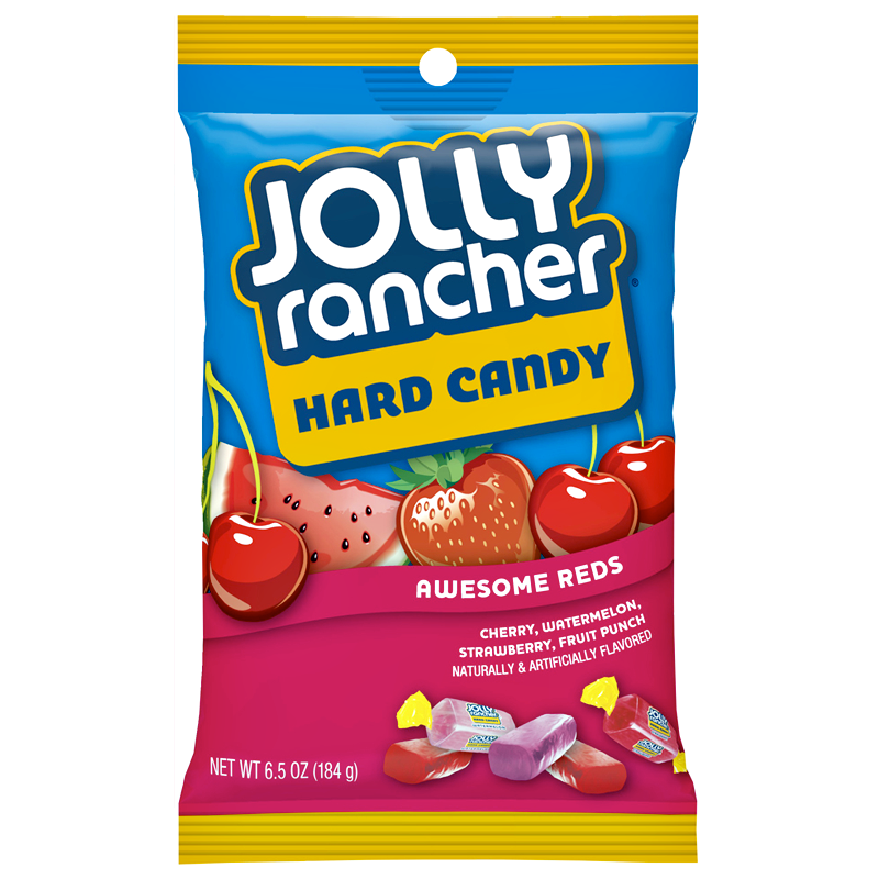 Front of Jolly Rancher Awesome Reds Hard Candy bag showing logo, hard candy pieces, and flavours cherry, watermelon, strawberry, and fruit punch (184g pack)