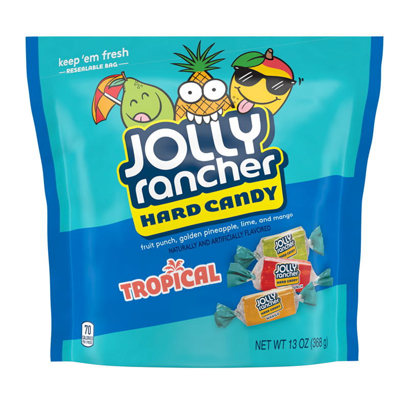 Front of Jolly Rancher Tropical Hard Candy bag featuring a blue background with fruit illustrations, showcasing tropical flavours like fruit punch, golden pineapple, lime, and mango (369g pack)