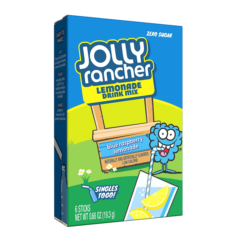 Front of Jolly Rancher Blue Raspberry Lemonade Singles to Go box showing bright blue design, blue raspberry lemonade flavour, and 6 stick pack (19.3g total)