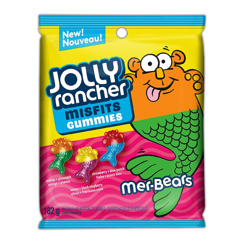 Front of Jolly Rancher Misfits Gummies Assorted Mer-Bears bag showing colourful gummies, bold logo, and pack size of 182g