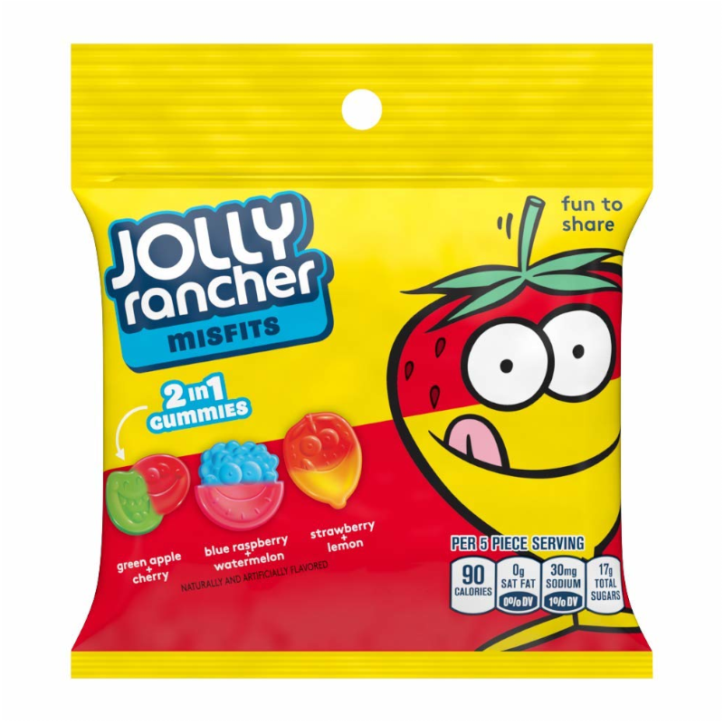 Front of Jolly Rancher Misfits 2-in-1 Gummies bag showing logo, vibrant gummy shapes, and flavours: green apple cherry, blue raspberry watermelon, strawberry lemon (141g pack)