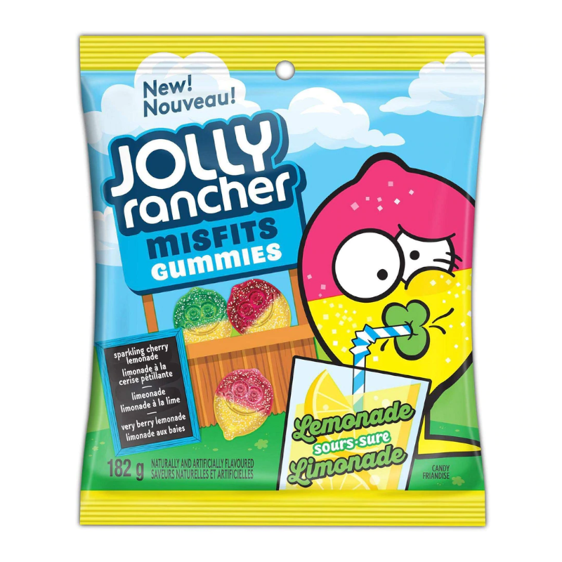 Front of Jolly Rancher Misfits Lemonade Sours bag showing colourful gummies, lemonade flavour label, and 182g pack size