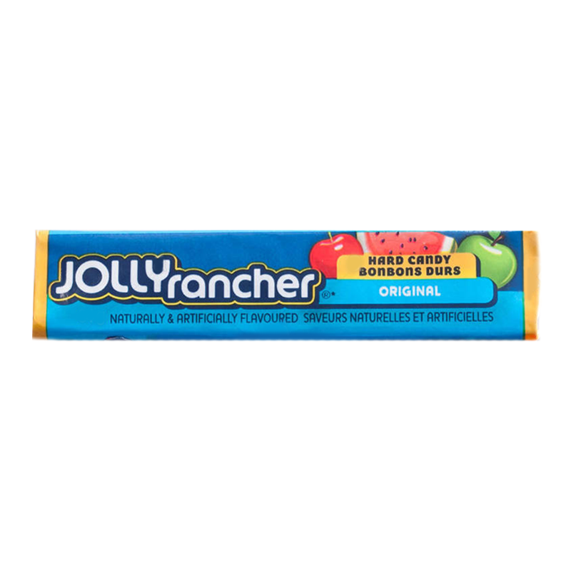 Front of Jolly Rancher Original packaging showing the blue logo, hard candy label with fruit imagery, and 34g size indication