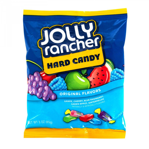 Front of Jolly Rancher Assorted Hard Candy bag featuring bold logo, assorted fruit flavours, and colourful candy pieces (85g pack)