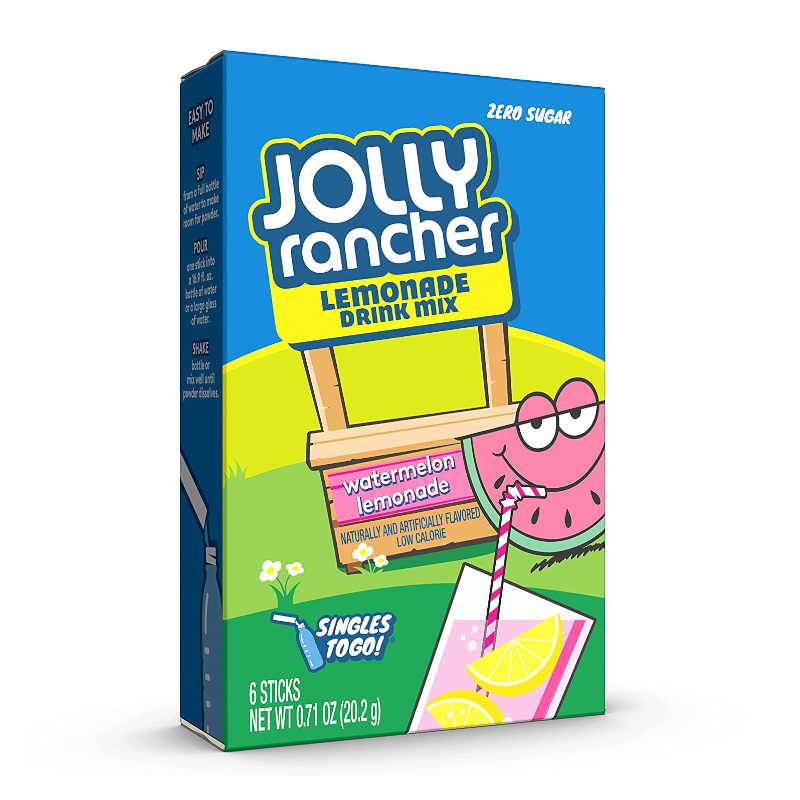 Front of Jolly Rancher Watermelon Lemonade Singles To Go pack displaying the logo, watermelon lemonade flavour, and 6 sticks of drink mix (20.2g)