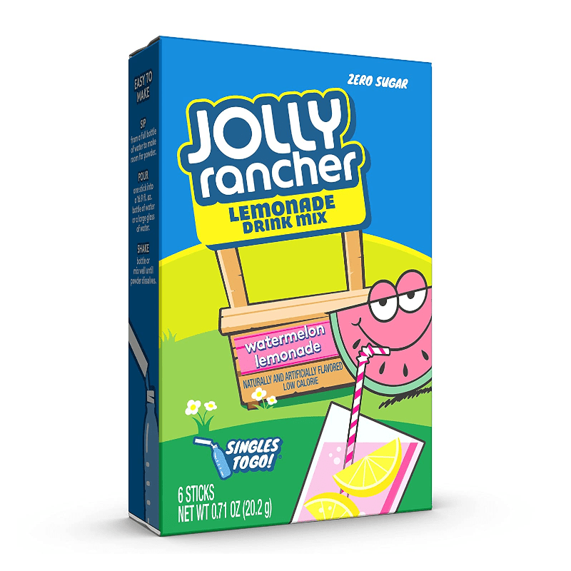 Front of Jolly Rancher Watermelon Lemonade Singles To Go pack displaying the logo, watermelon lemonade flavour, and 6 sticks of drink mix (20.2g)