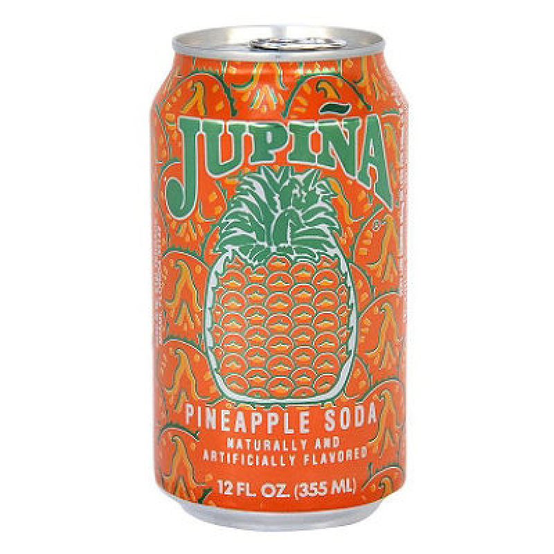 Front of Jupina Pineapple Soda can featuring vibrant orange design, pineapple illustration, and 355ml size label.
