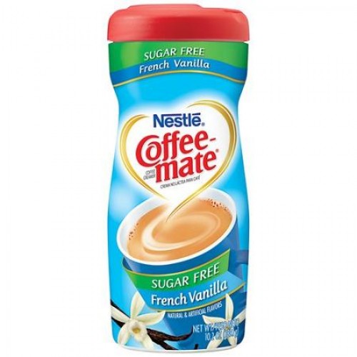 Front of Coffee-Mate Sugar Free French Vanilla container showing brand logo, sugar-free label, and a coffee cup image (289.1g pack)