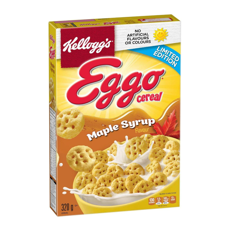 Front of Kellogg's Eggo Maple Syrup Waffle Cereal box featuring the logo, maple syrup flavour text, and crunchy waffle pieces (320g pack)