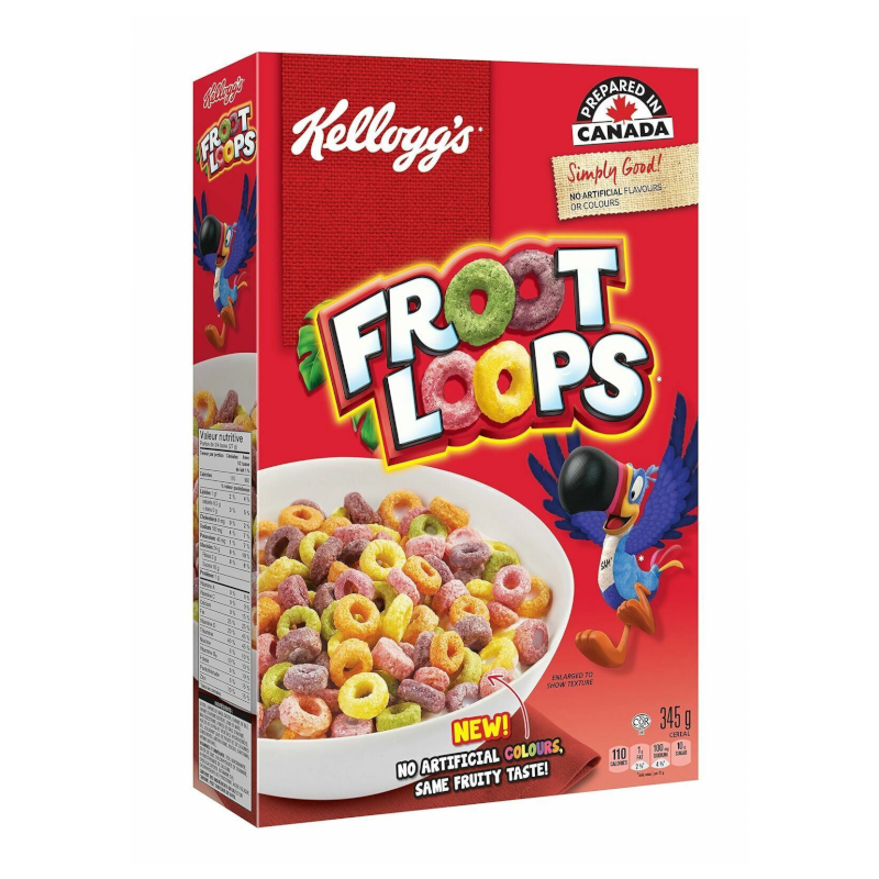 Front of Kellogg's Froot Loops box showing colourful logo and fruity cereal in a bowl (320g pack)