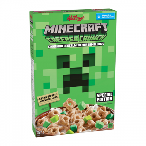 Front of Kellogg's Minecraft Creeper Crunch Cereal box featuring the game's iconic creeper design, cinnamon cereal with marshmallows, and 227g pack details.