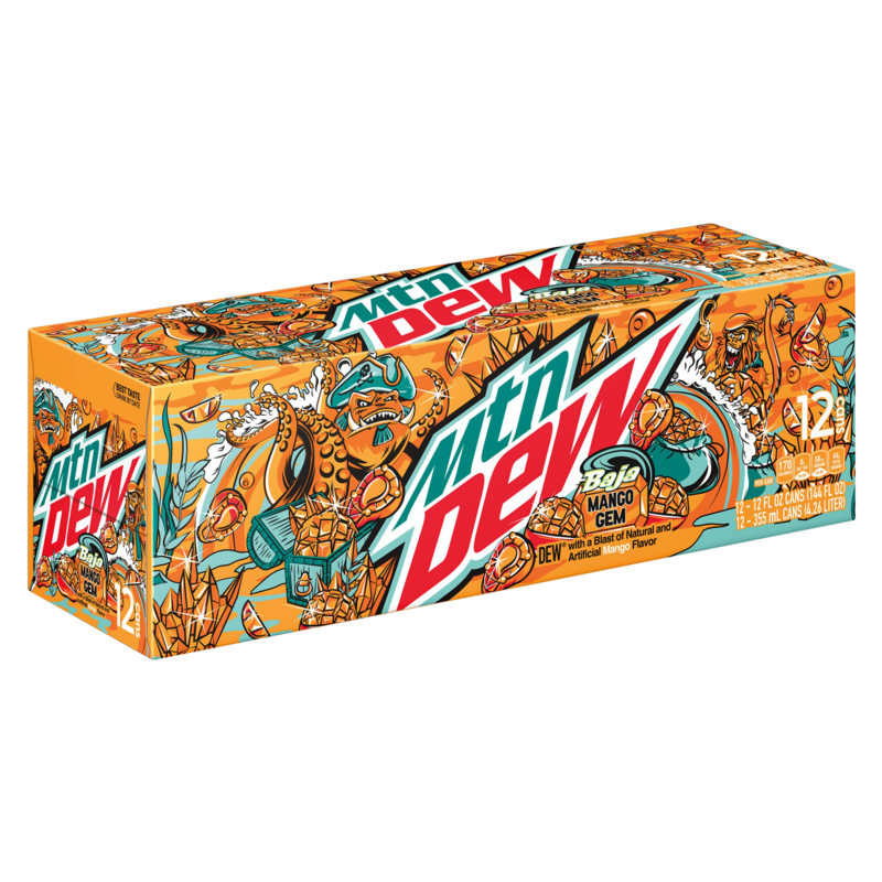 Front of Mountain Dew Limited Edition Baja Mango Gem case showing logo, vibrant artwork, and 12 cans of 355ml each with mango flavour.