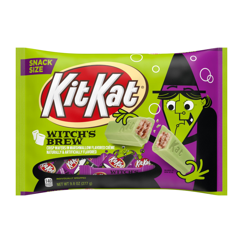 Front of Kit Kat Limited Edition Halloween Witch's Brew Snack Size Share Bag (277g) featuring crisp wafers and a playful witch design