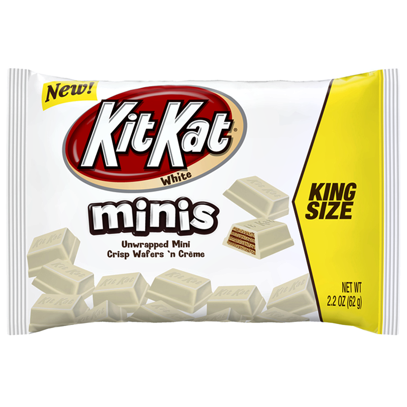 Front of Kit Kat White Chocolate Unwrapped Minis King Size bag showing logo, white chocolate image, and pack size (62g)