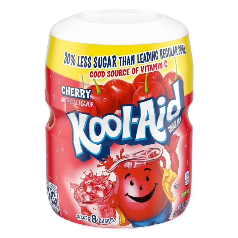 Front of Kool Aid Cherry Drink Mix Tub showing bright red packaging with cherry flavour and details, 538g pack size.