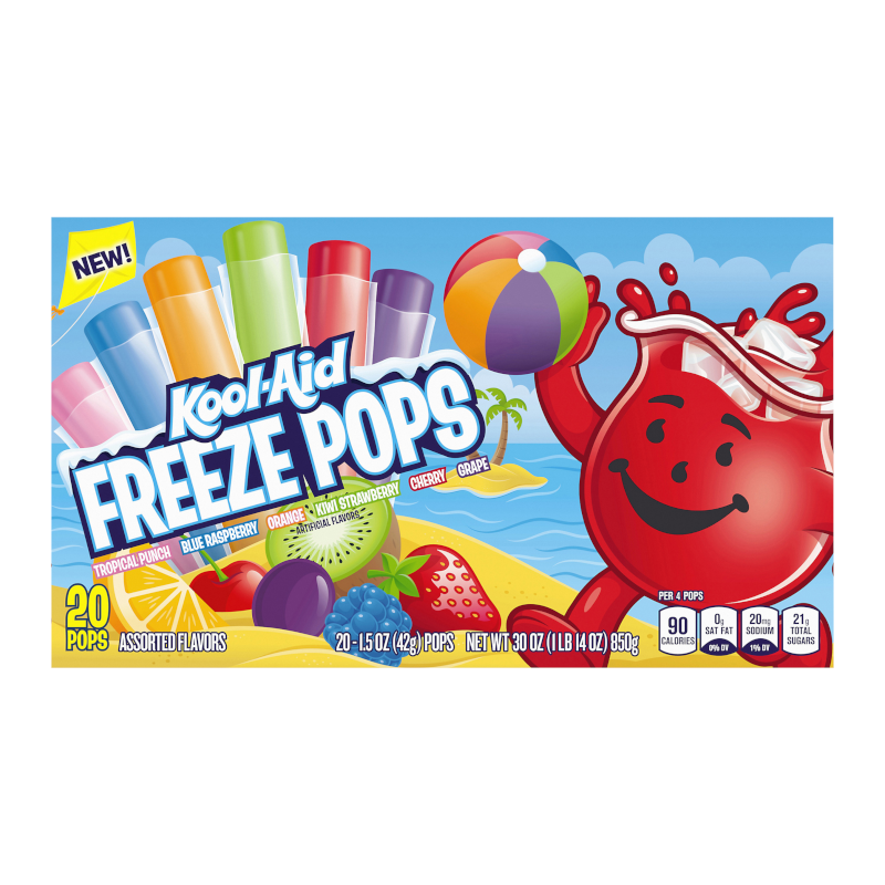 Front of Kool-Aid Freeze Pops box featuring a vibrant assortment of colourful freeze pops with fruity flavours and 20 pack size.