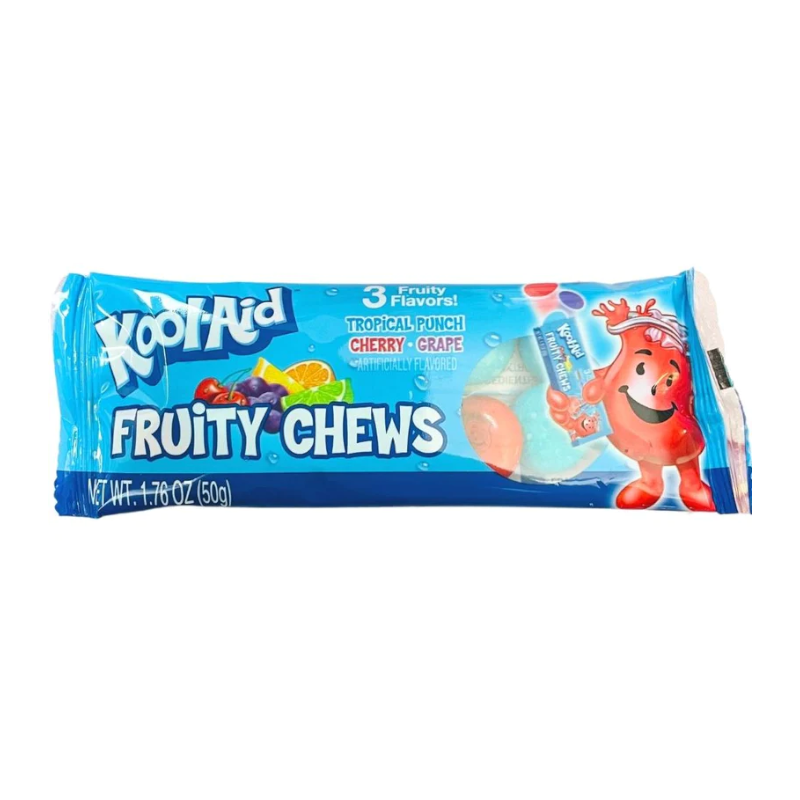 Front of Kool Aid Fruity Chews packaging showing vibrant blue design, logo, three fruity flavours: Tropical Punch, Cherry, Grape, and 50g pack size