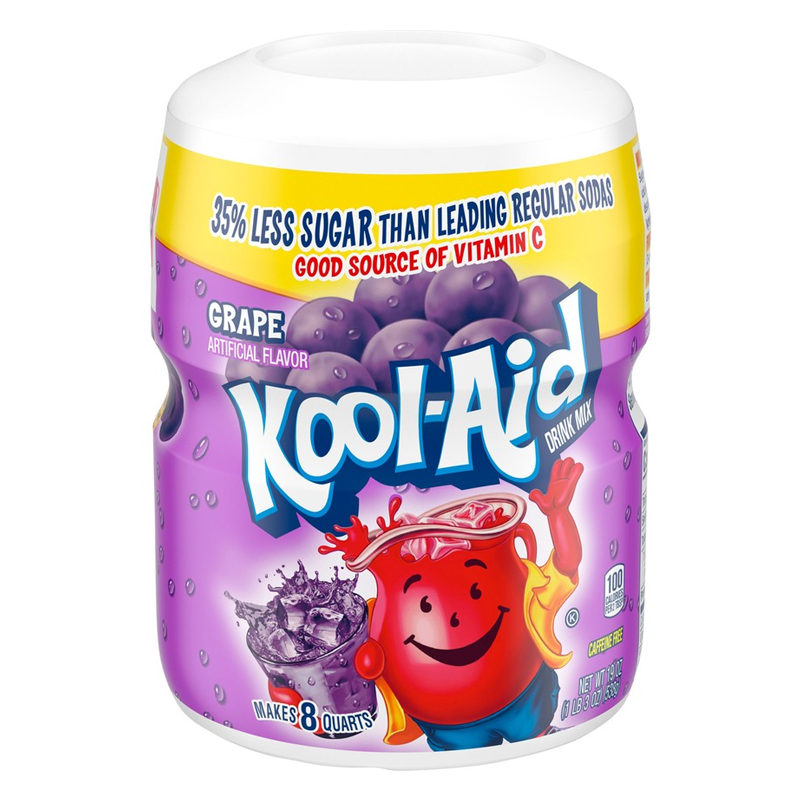 Front of Kool Aid Grape Drink Mix Tub showing bright purple design, grape flavour label, and pack size of 538g.