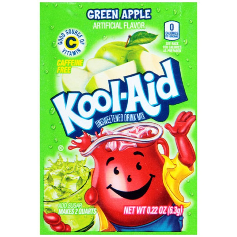 Front of Kool Aid Green Apple Drink Mix sachet showing bold blue logo, green apple flavour label, and pack size of 6.3g