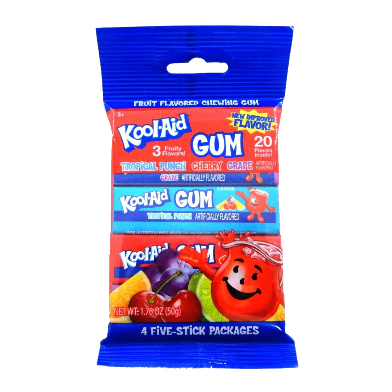 Front of Kool Aid Gum 4 Pack showing vibrant packaging with tropical punch, cherry, and grape gum sticks and 50g total weight