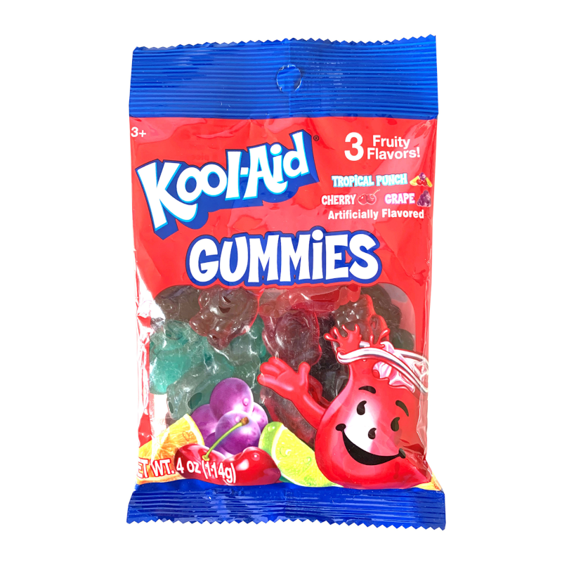 Front of Kool Aid Gummies bag showing bright red packaging, logo, gummy shapes, and flavors: tropical punch, cherry, and grape (114g pack)