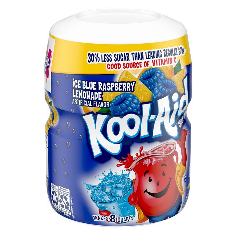 Front of Kool Aid Ice Blue Raspberry Lemonade Drink Mix Tub showing logo and bright graphics of blue raspberries and lemons (567g tub)