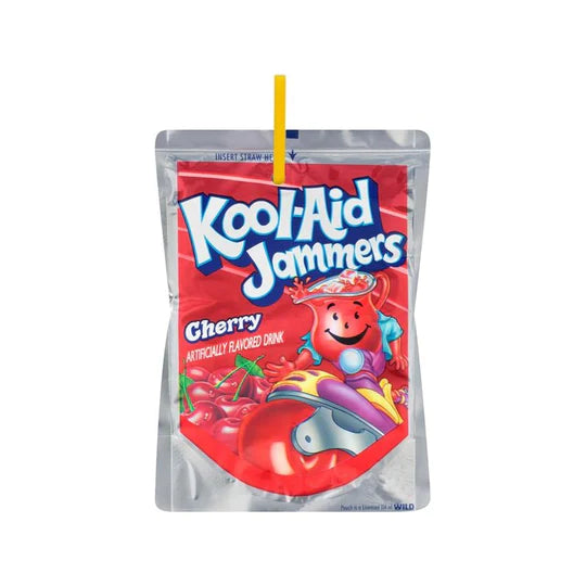 Front of Kool Aid Jammers Cherry pouch showing bright red packaging, cherry flavour graphic, and yellow straw (177ml)