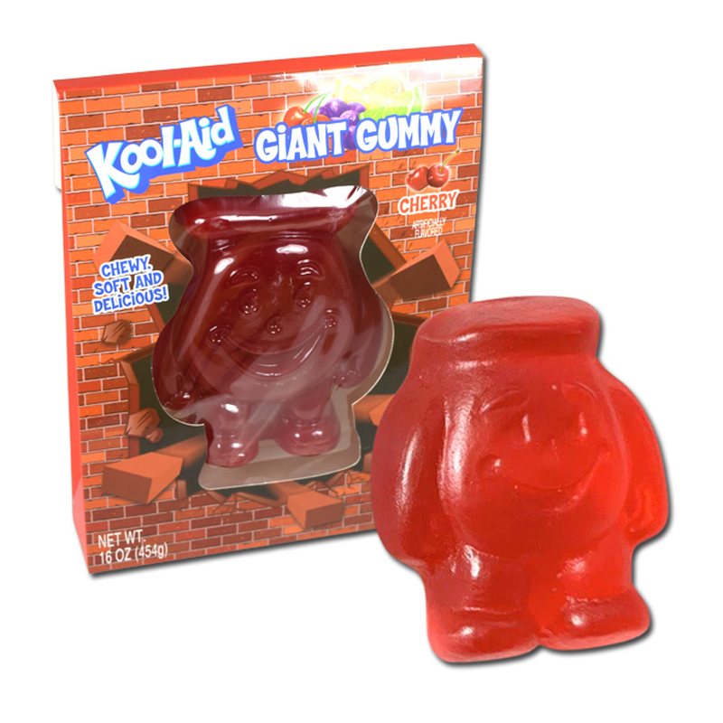 Front of Kool Aid Man Giant Gummy packaging featuring a soft, chewy cherry gummy in the shape of Kool Aid Man, with bright red packaging (454g)