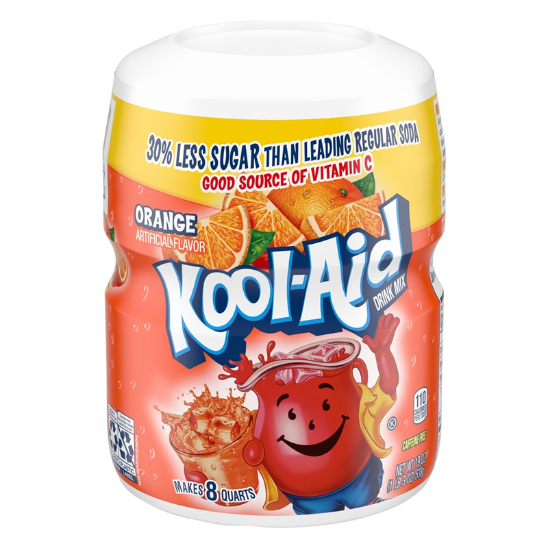 Front of Kool Aid Orange Drink Mix Tub showing vibrant orange colour, Kool Aid logo, flavour details, and pack size (538g)