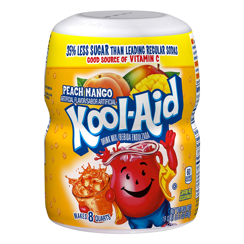 Front of Kool Aid Peach Mango Drink Mix Tub (538g) showing vibrant yellow packaging with peach and mango graphics, and the Kool Aid logo.