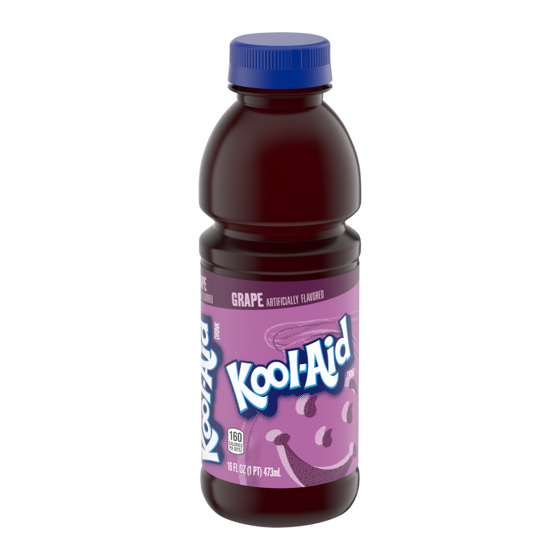 Front of Kool-Aid Ready-To-Drink Grape bottle showing purple label with logo, grape flavour text, and 473ml size information.