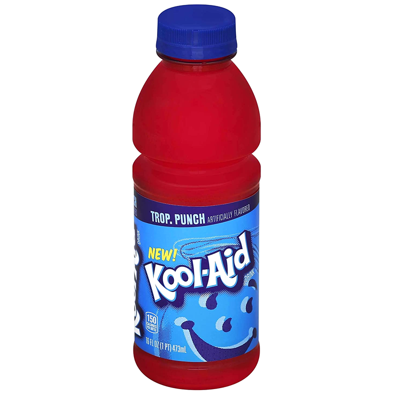 Front of Kool-Aid Ready-To-Drink Tropical Punch bottle featuring a vibrant red drink, logo, and tropical punch flavour label (473ml)