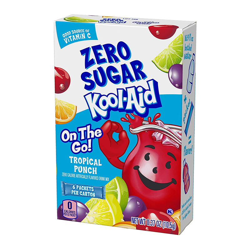 Front of Kool Aid Singles to Go Tropical Punch packaging showing logo, colourful fruit graphics, and information about 6 packets per carton (10.5g pack)