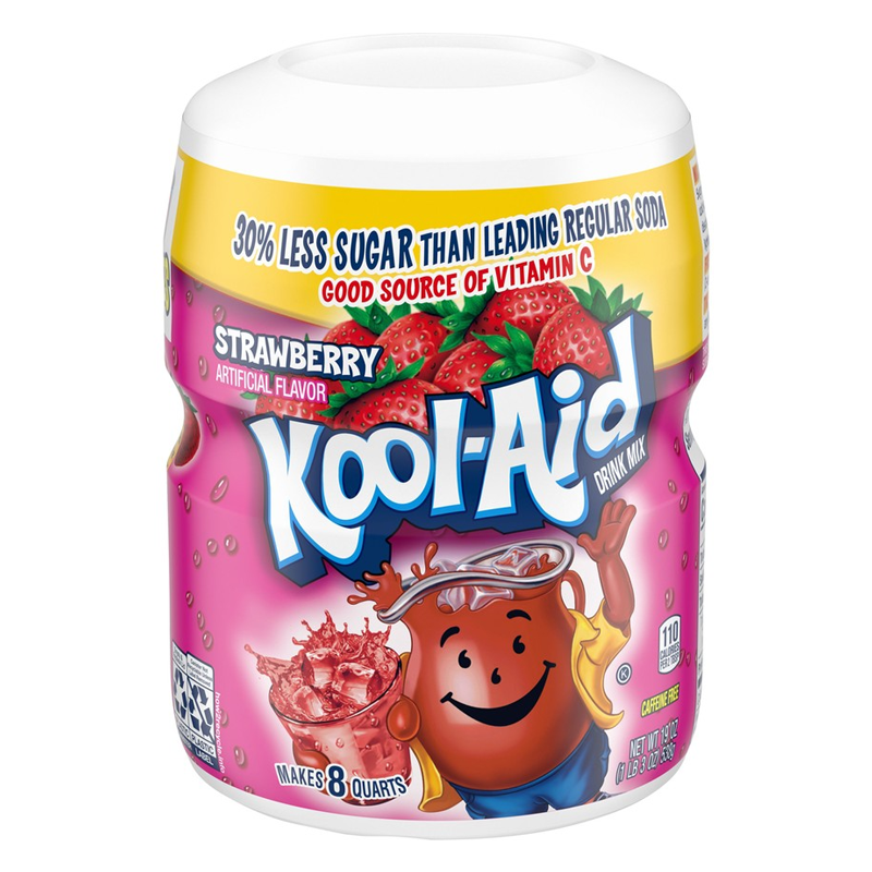 Front of Kool Aid Strawberry Drink Mix Tub showing bright pink label, strawberries, and Kool Aid logo (538g pack)
