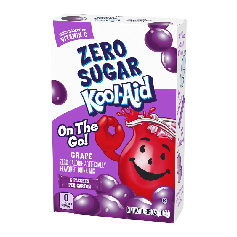 Front of Kool Aid Singles to Go Grape box showing the Kool Aid logo, grape flavour, and details of 6 packets per carton (10.4g)