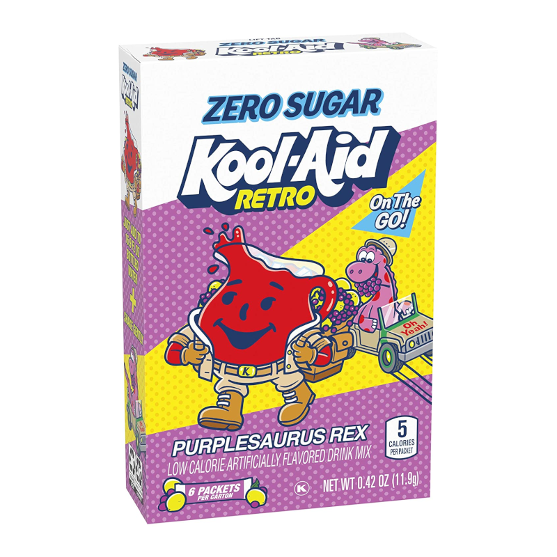 Front of Kool Aid Singles to Go Purplesaurus Rex box showing the Kool Aid character, vibrant purple theme, and details of drink mix packets (11.9g)