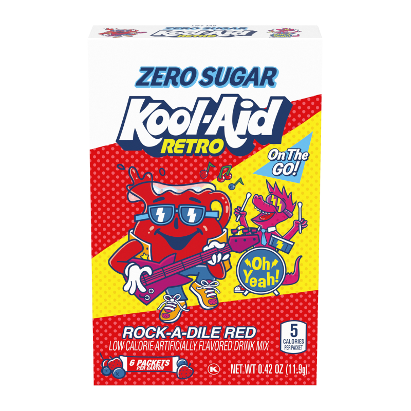 Front of Kool Aid Singles to Go Rock-A-Dile Red box showing bright design, featuring Kool Aid character, and indicating zero sugar (11.9g pack)